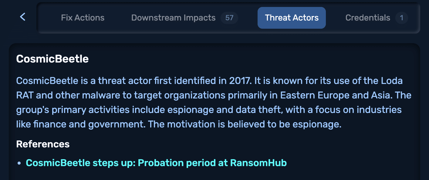 NodeZero Threat Actor Intelligence panel showing adversary details