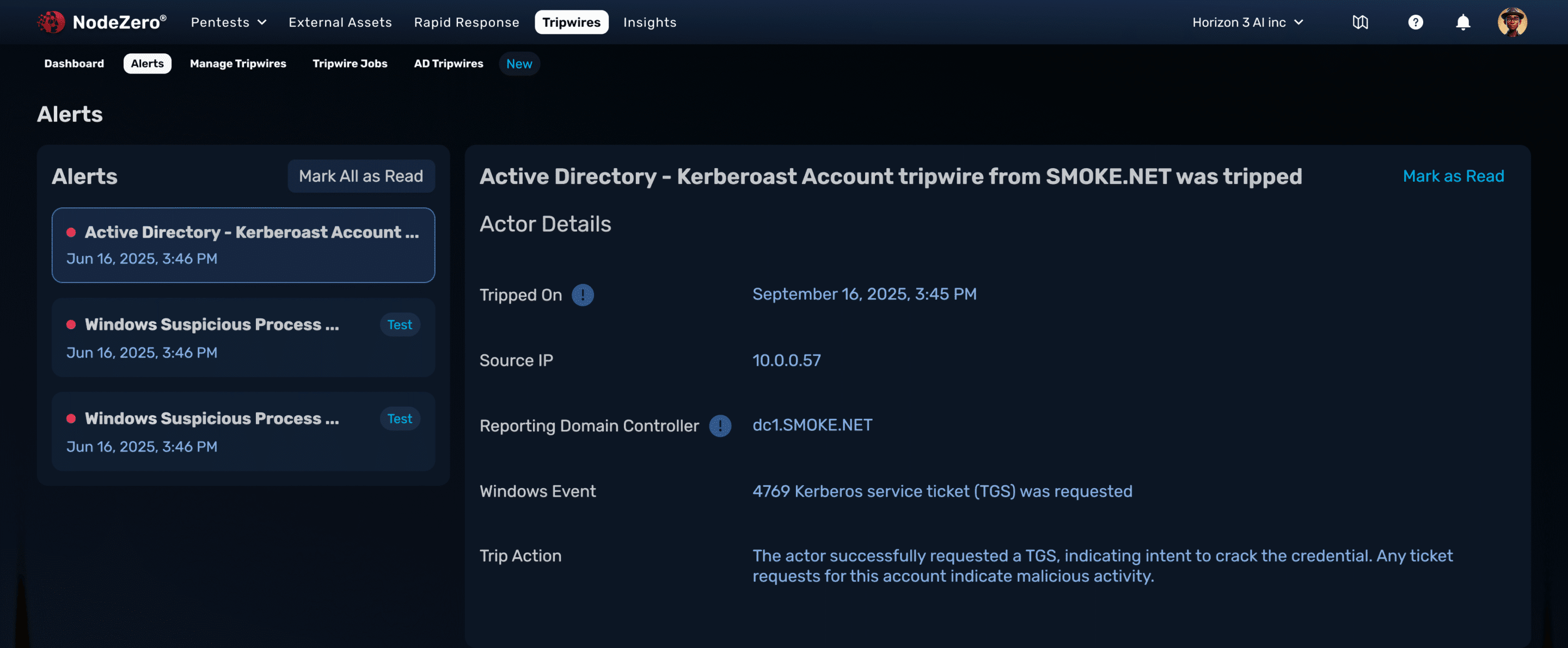 NodeZero Tripwire alert on the Alerts page
