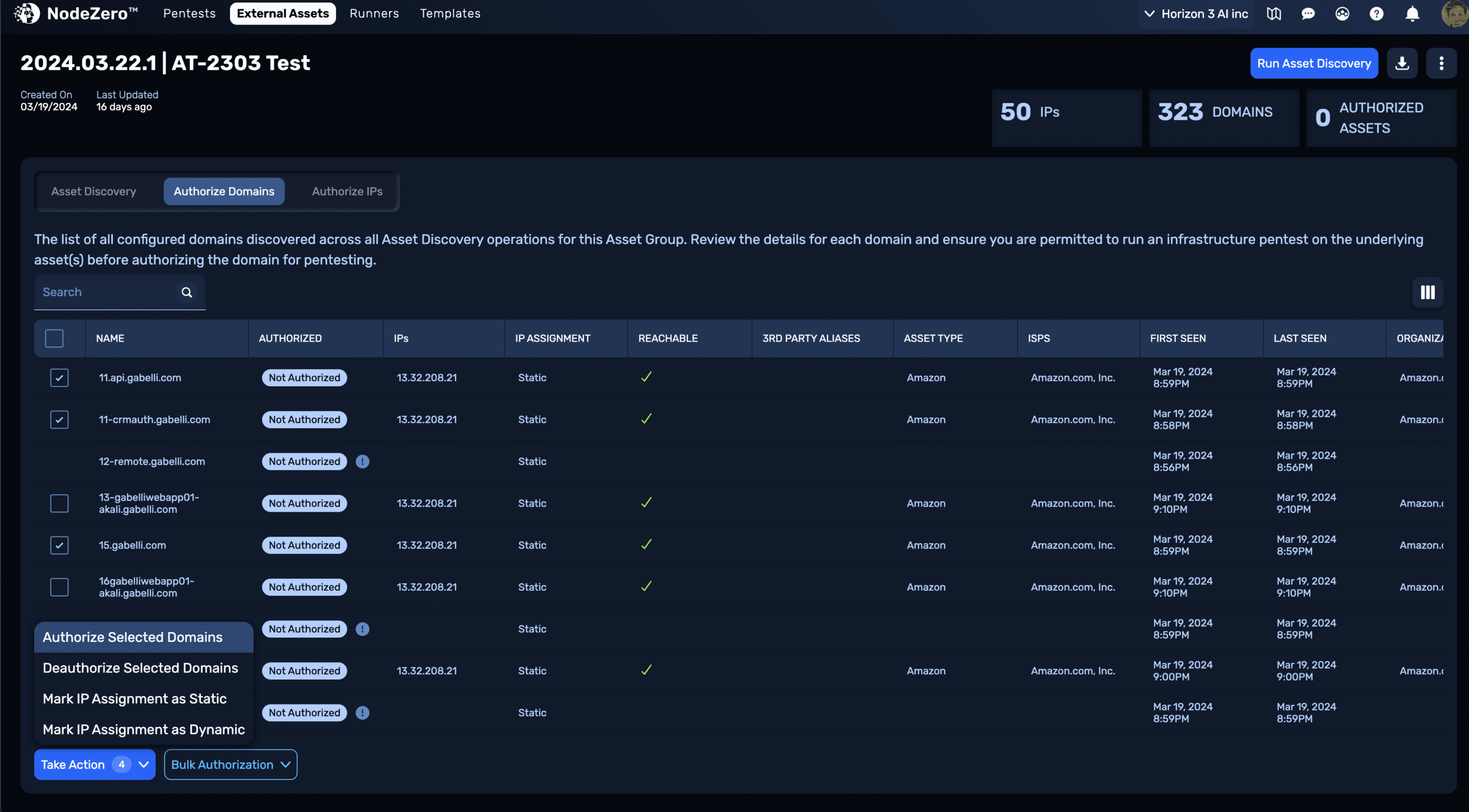 NodeZero authorised domains dashboard