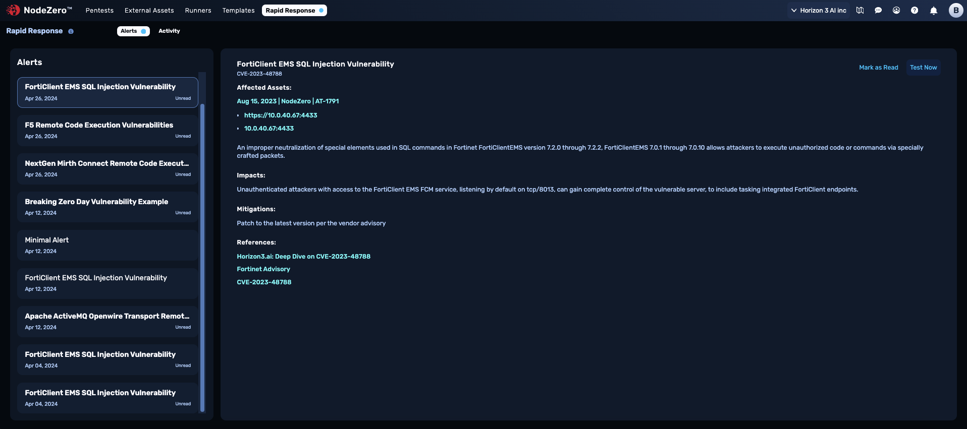 NodeZero Rapid Response alerts with intelligence source