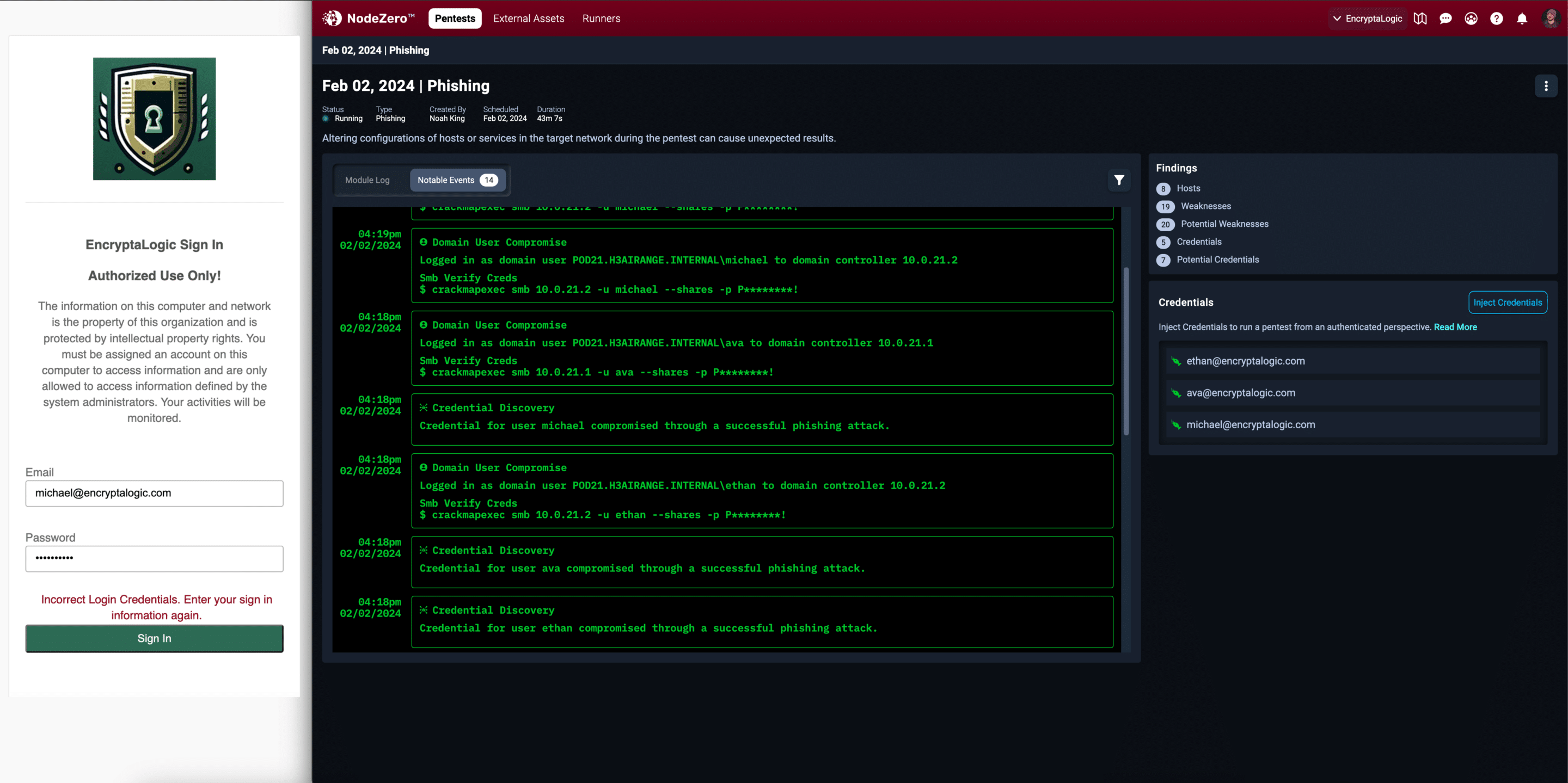 NodeZero real-time view of credentials harvested from the lure site