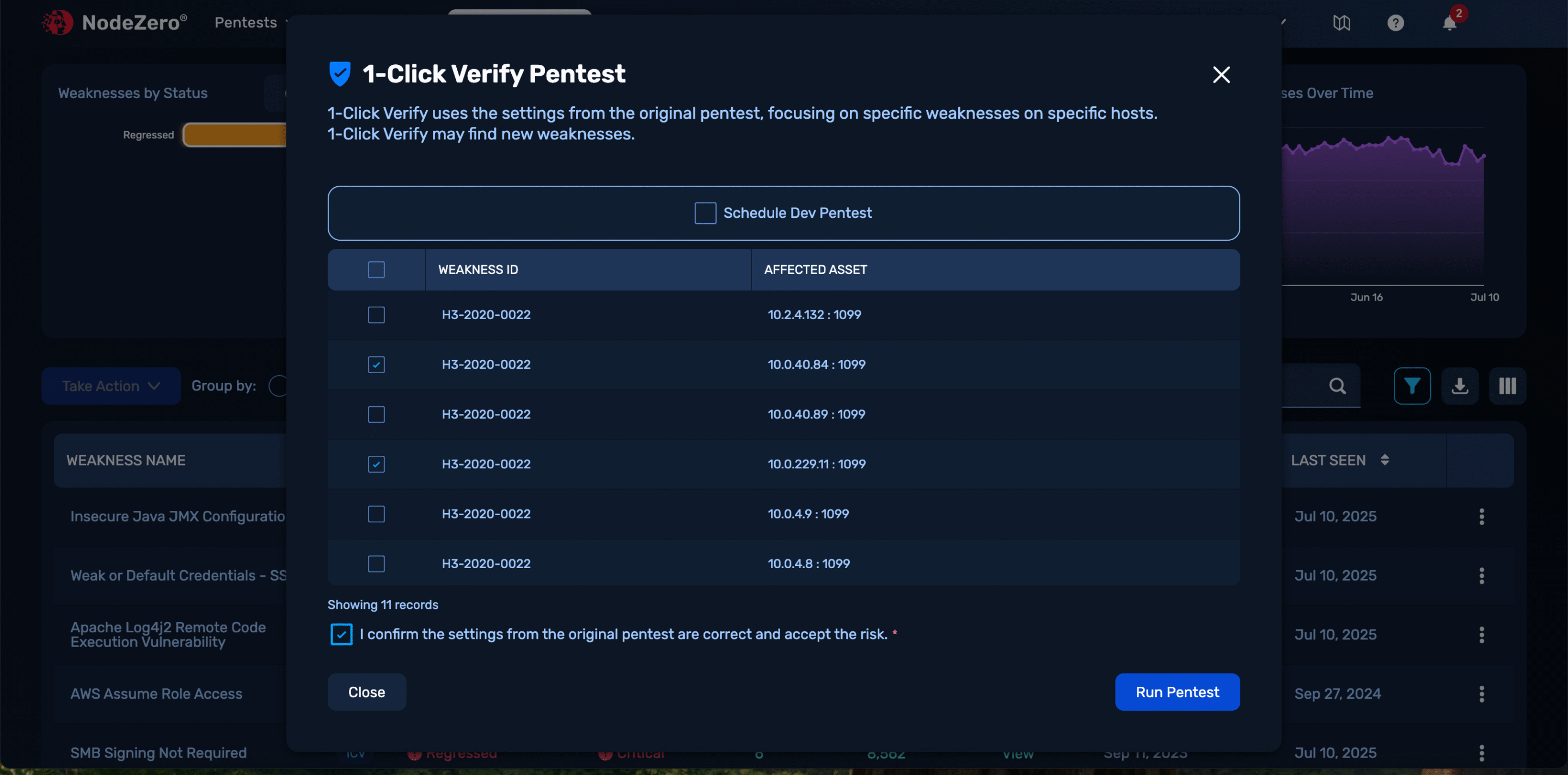 NodeZero Quick Verify re-running a targeted test from the Vulnerability Management Hub