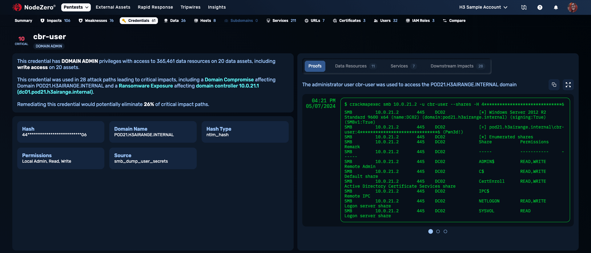 NodeZero proof of exploitation: timestamped evidence of a compromised credential used to access the domain