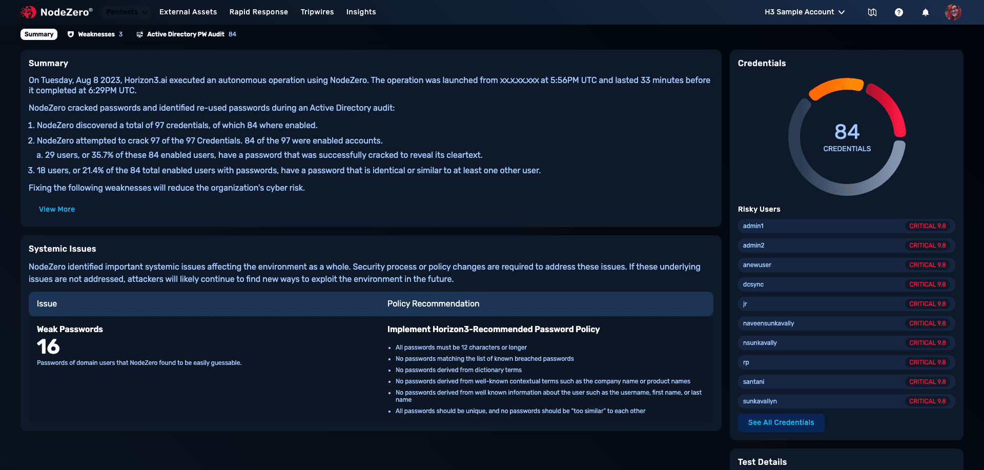 NodeZero audited credentials and exposure summary